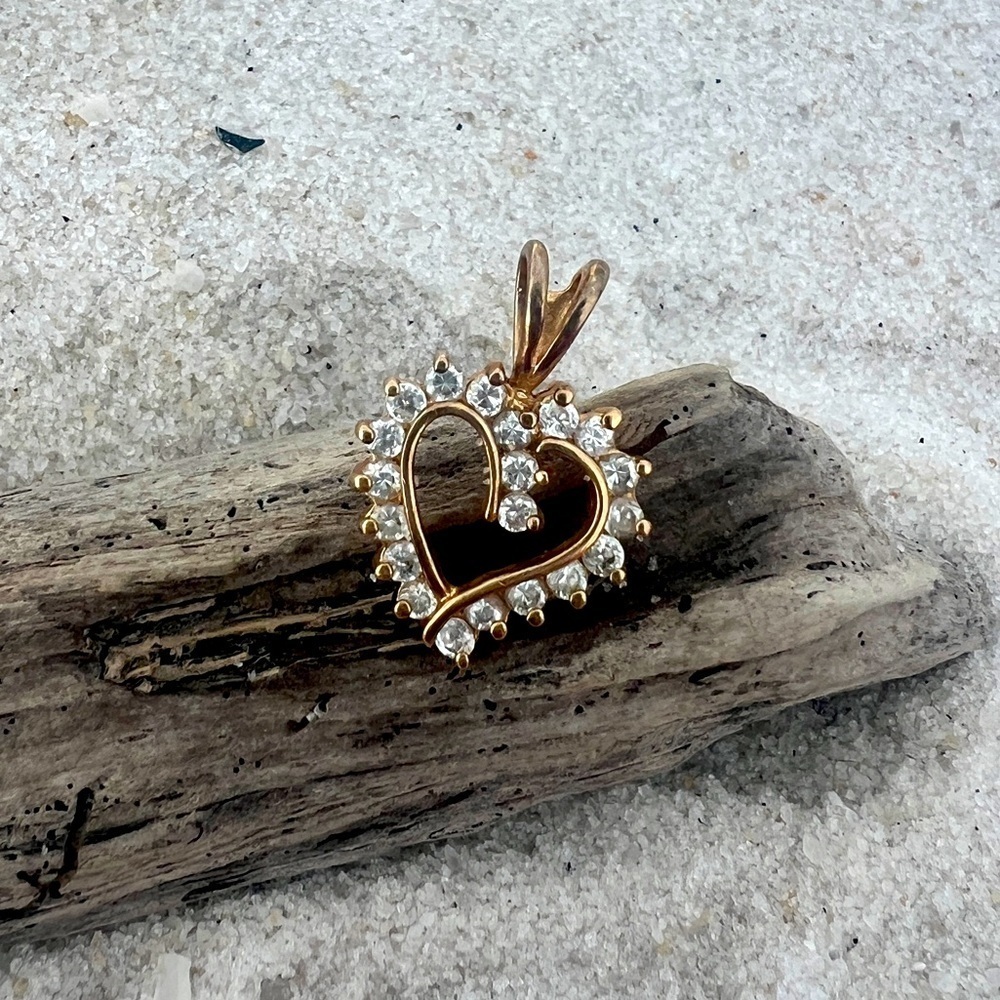 925 Sterling Silver Heart Cut CZ rhinestones Goldtone Pendant